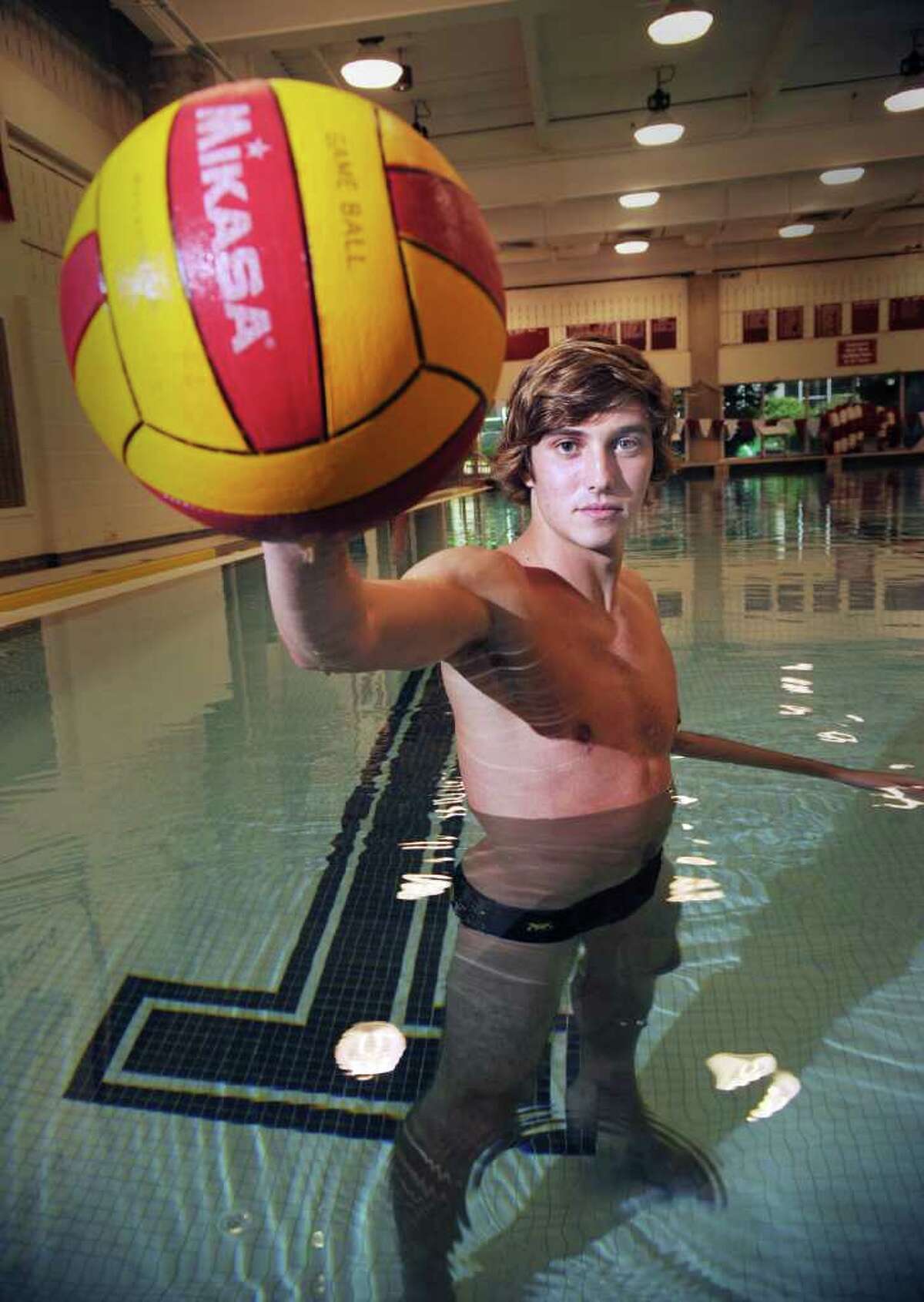 Greenwich High School water polo goal keeper, James Kelly, posed at the GHS pool, Tuesday, Sept. 21, 2010. 9/22/10 GT photo (chopped) =Greenwich High Boys Water Polo Preview. New waters, same goal. by Christopher Falvo