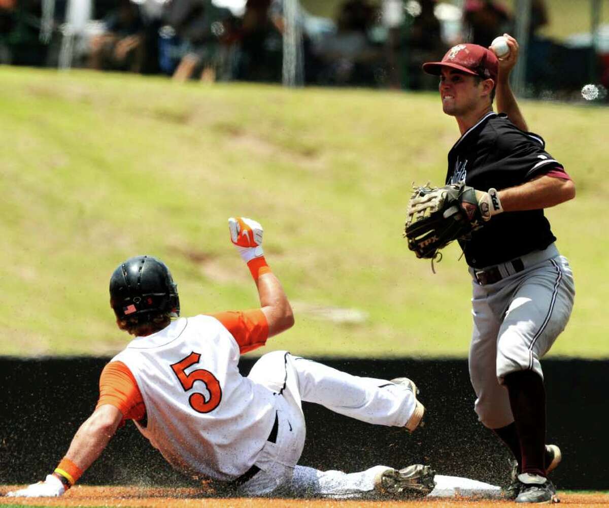 Tyler Sibley of Texas State throws to first as Alex Flink of Princeton slides into second base during NCAA Baseball Austin Regional action on Saturday, June 4, 2011.TSU was unable to turn the double play. BILLY CALZADA / gcalzada@express-news.net