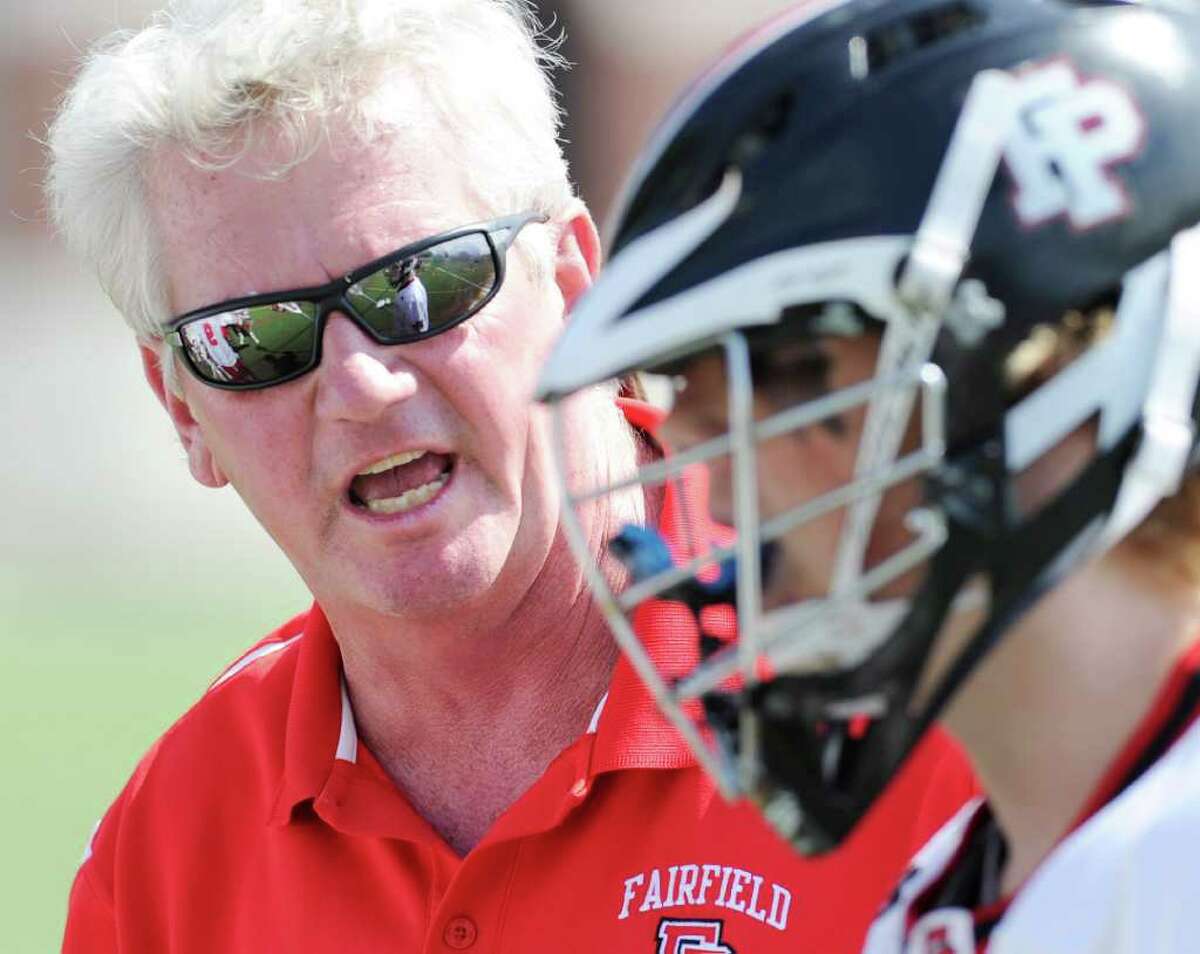 Fairfield Prep coach Christopher Smalkais during the Class L boys lacrosse quarterfinal between Fairfield Prep and Greenwich High School at Fairfield University, Saturday afternoon, June 4, 2011.