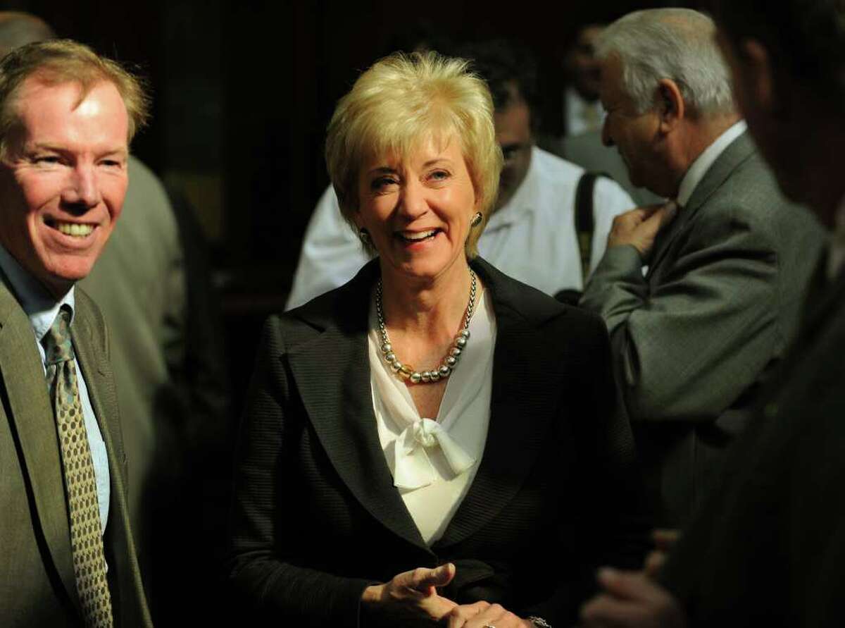 Former senate candidate Linda McMahon attends Governor Dannel P. Malloy's budget address to a joint session of the General Assembly in Hartford on Wednesday, February 16, 2011. Photo by Brian A. Pounds 4/19/11 GT photo (cut to McMahon head only) = The Breakup. Weicker to leave WWE board of directors. by Neil Vigdor