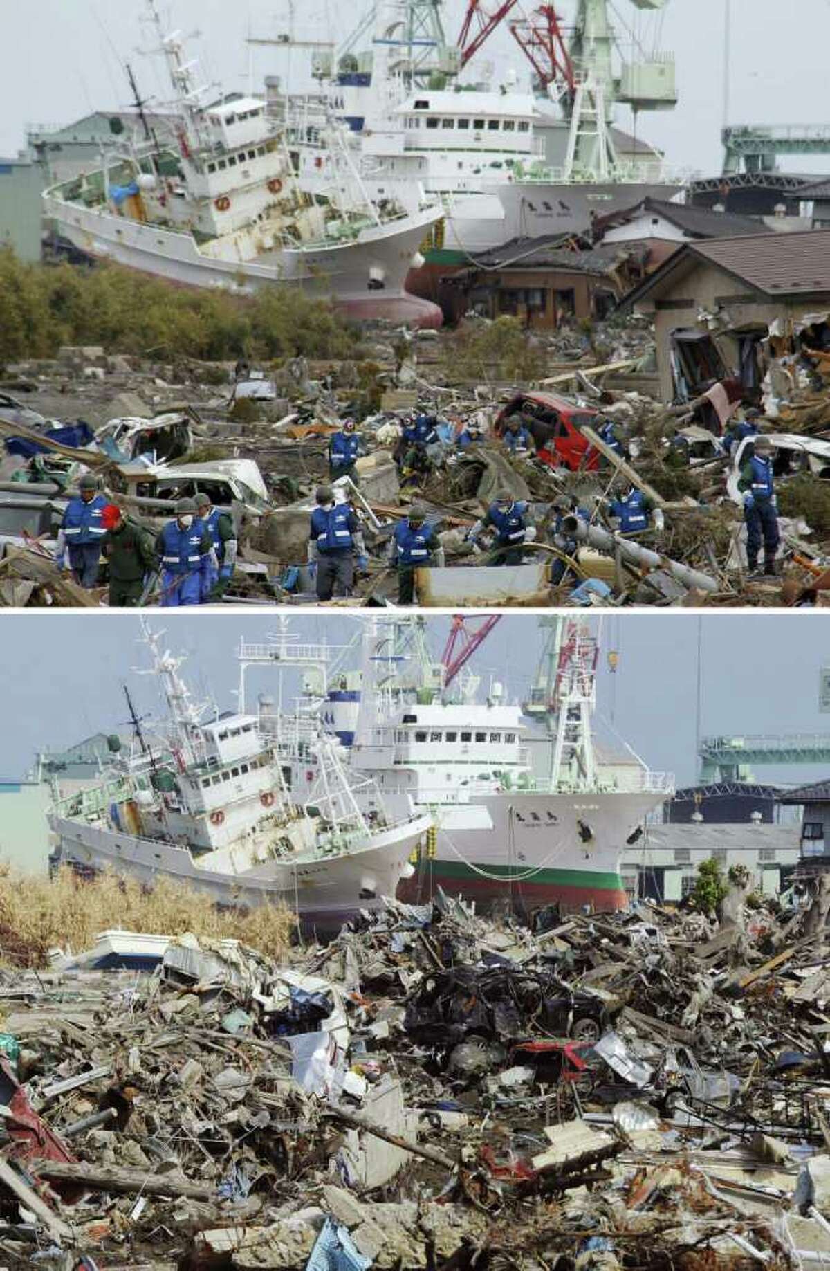 In this combo of two photos, rescue workers search for tsunami survivors amid debris as ships swept away by tsunami sit aground in a residential area March 14, 2011, top, while the ships stay in the same position in the area almost unchanged June 3, 2011 in Higashimatsushima, Miyagi Prefecture, northeastern Japan. Japan marks three month since the March 11 earthquake and tsunami Saturday, June 11, 2011. (AP Photo/Kyodo News) JAPAN OUT, MANDATORY CREDIT, NO LICENSING IN CHINA, HONG KONG, JAPAN, SOUTH KOREA AND FRANCE