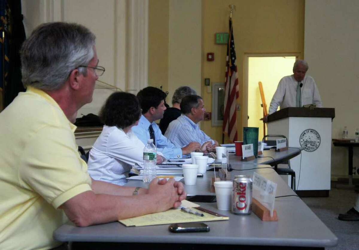 Board of Finance members discuss town employee benefit costs with Finance Director John Kondub, right, at a meeting on Wednesday, June 8, 2011 at Town Hall.