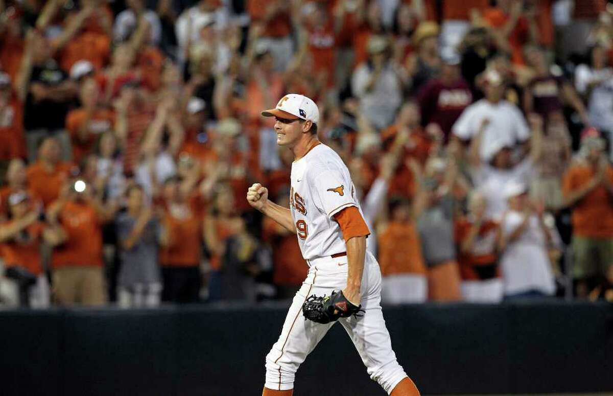 Longhorns closer Cory Knebel pumps his fist as his team wins 4-2 as the Texas Longhorns play Arizona State in game 3 of their super regional playoff series at Disch-Falk Field in Austin on June 12, 2011. Tom Reel/Staff