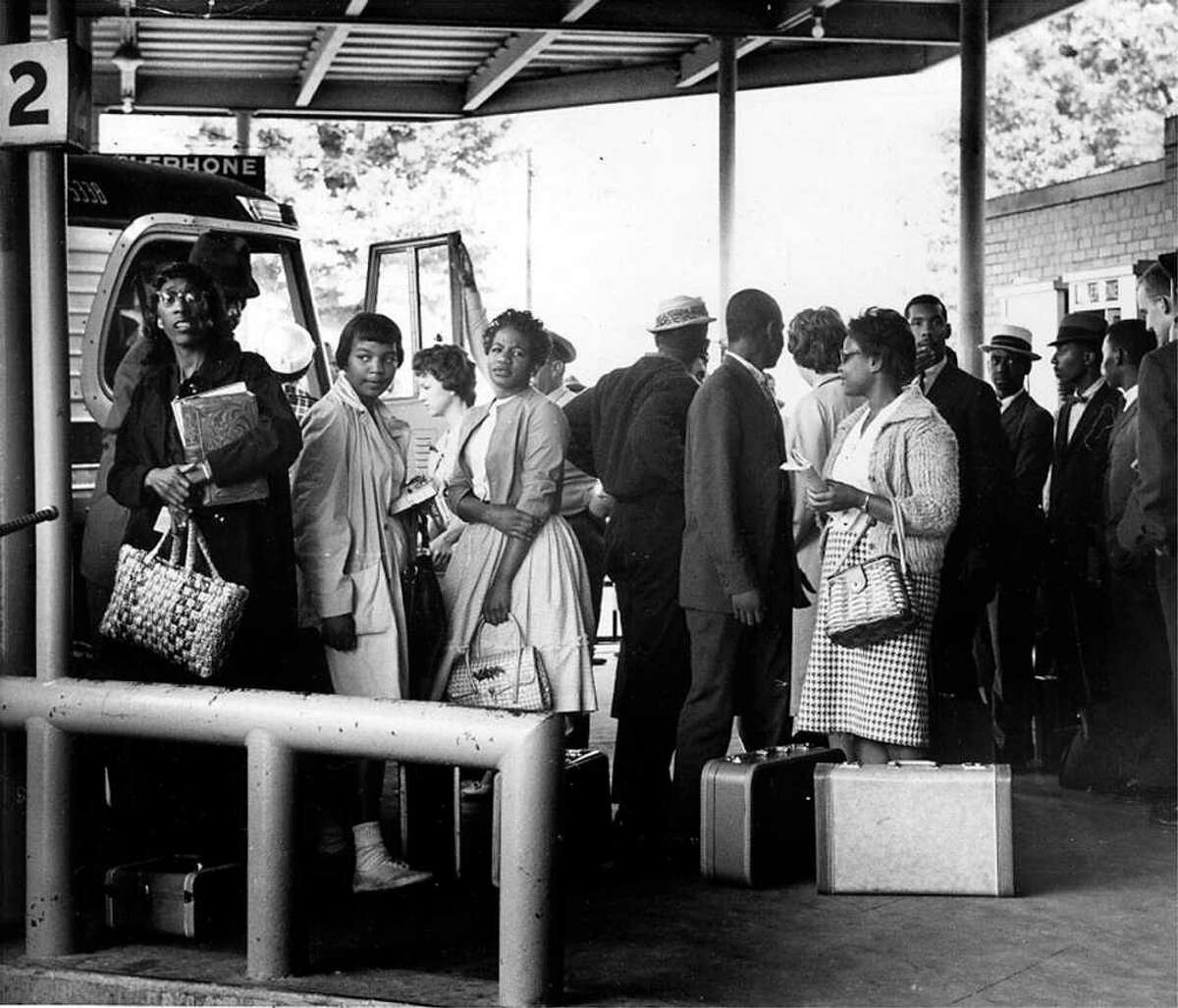 Freedom Riders are photographed at the bus station, in downtown Montgomery, Ala., in this 1961, file photo. The bus station, a civil rights era landmark, is sitting in disrepair in 2004 waiting for funding to become a museum.