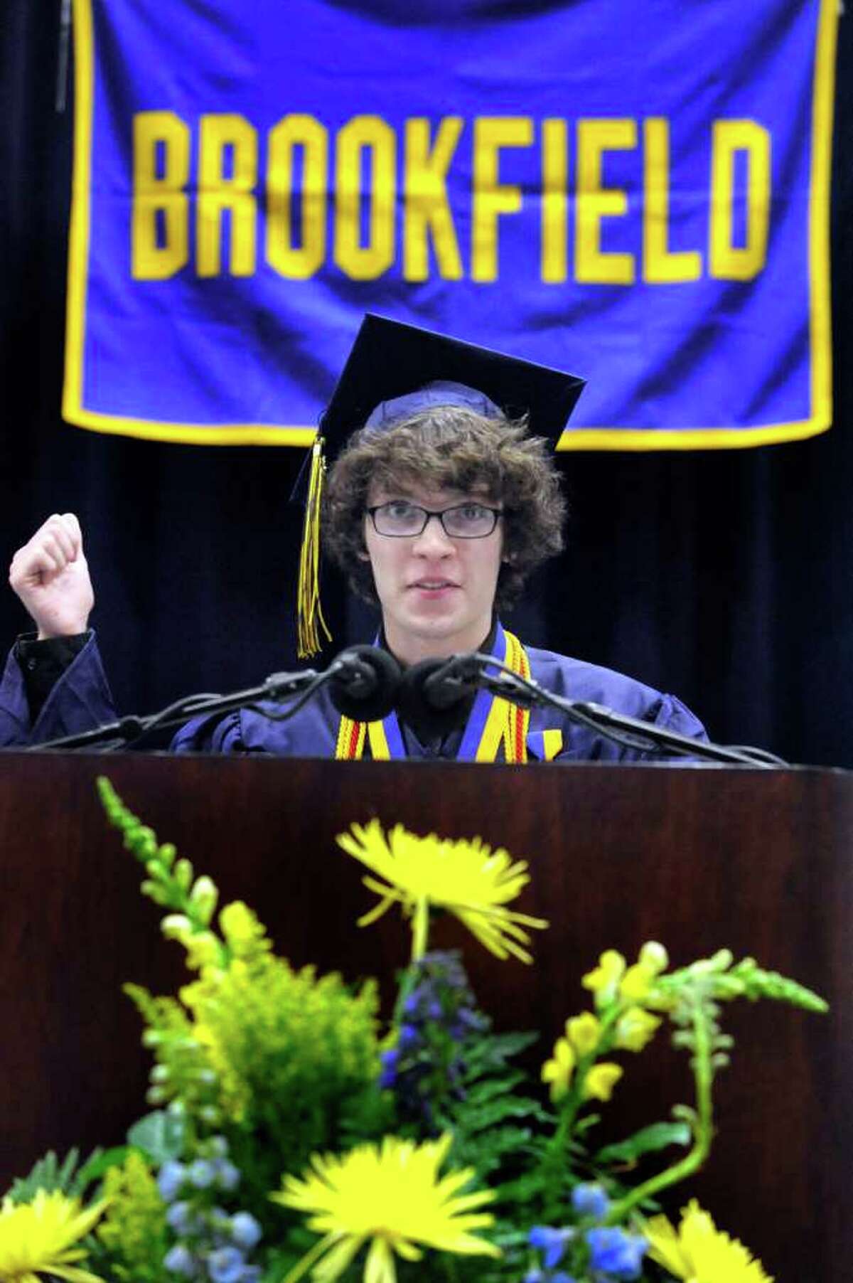 Matthew Goodrich, valedictorian, speaks at Brookfield High School's graduation held at Western Connecticut State University's O'Neill Center in Danbury, Saturday, June 18, 2011.