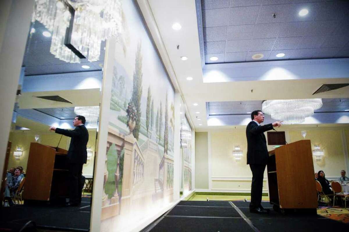 Gov. Dannel P. Malloy delivers the keynote speech during the Stamford Downtown Special Services District Annual Meeting at Stamford Marriott Hotel & Spa in Stamford, Conn., June 20, 2011.