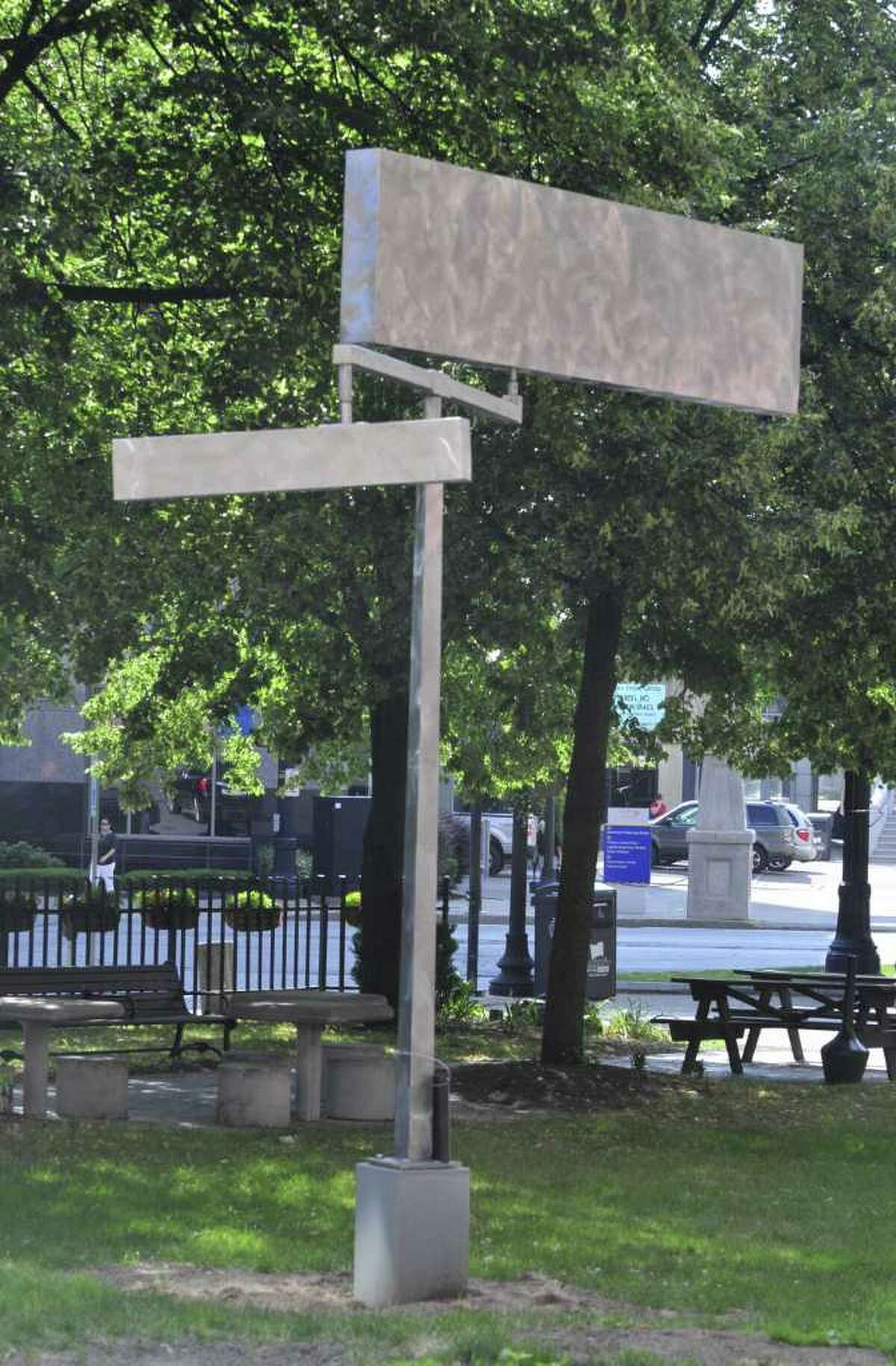 George Rickey sculpture "Rectangles Horizontal Jointed, Big, Thin, Small " Year: 1990, Licensed by VAGA, SIS Location: Maiden Lane Park, sponsored by Downtown Albany Business Improvement District in Albany, NY, June 17, 2011. (Michael P. Farrell/Times Union)