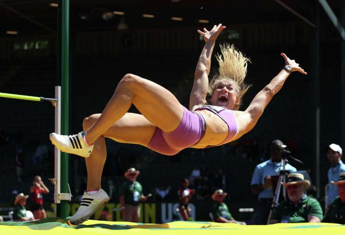 Abbie Stechschulte celebrates after clearing a personal best in the women's high jump portion of the heptathlon.