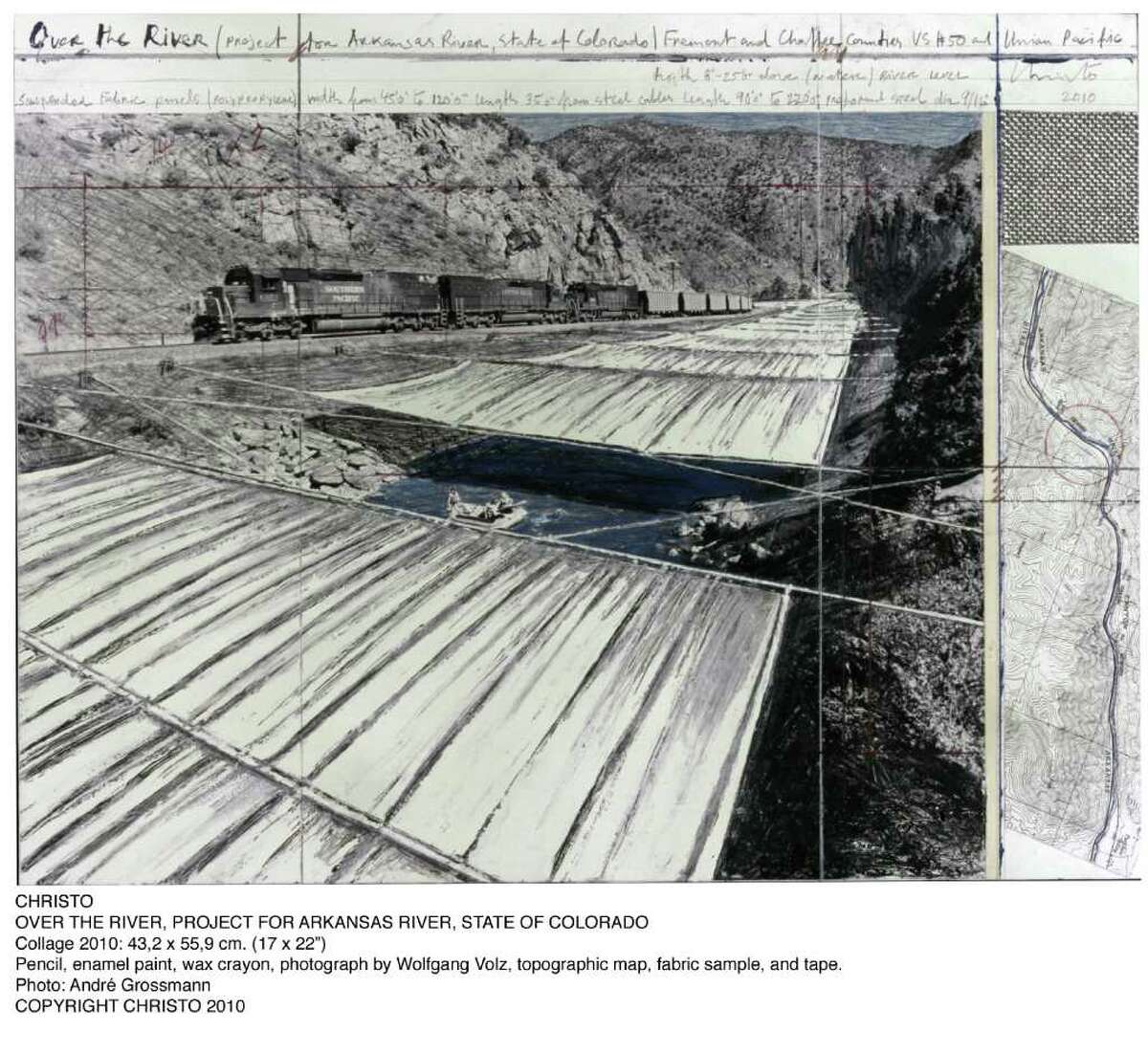 The Westport Arts Center will feature two works in progress by world-famous environmental artists Christo and the late Jeanne-Claude, from Thursday, June 30 through Sunday, Sept. 4. The exhibit includes collages outlining “Over the River, Project for the Arkansas River, State of Colorado” (above) and “The Mastaba, Project for the United Arab Emirates.”