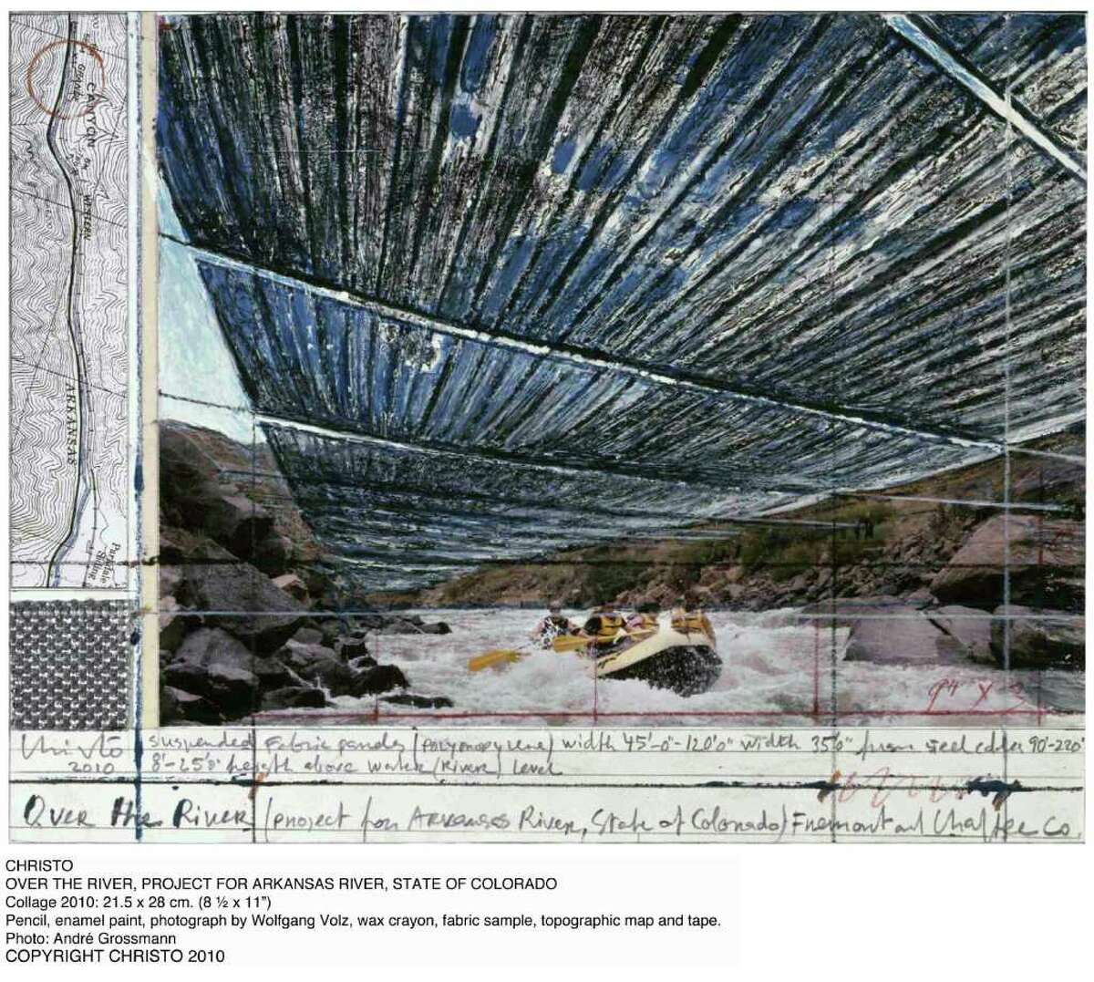 The Westport Arts Center will feature two works in progress by environmental artists Christo and the late Jeanne-Claude, from Thursday, June 30 through Sunday, Sept. 4. The exhibit includes collages outlining “Over the River, Project for the Arkansas River, State of Colorado” (above) and “The Mastaba, Project for the United Arab Emirates.”