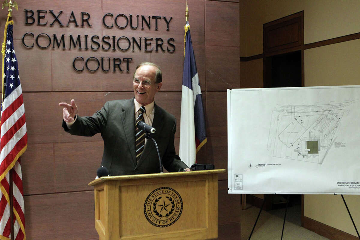 Bexar County Judge Nelson Wolff makes remarks on June 27, 2011, at Bexar County Commissioners Court regarding the construction of a new emergency evacuation center in the community of Thelma near Loop 1604 South and Pleasanton Road. The facility will be used as a safe haven for rural residents who are forced to evacuate their homes in the event of a disaster and may also be used as a training venue or rented out to community organizations for various functions.