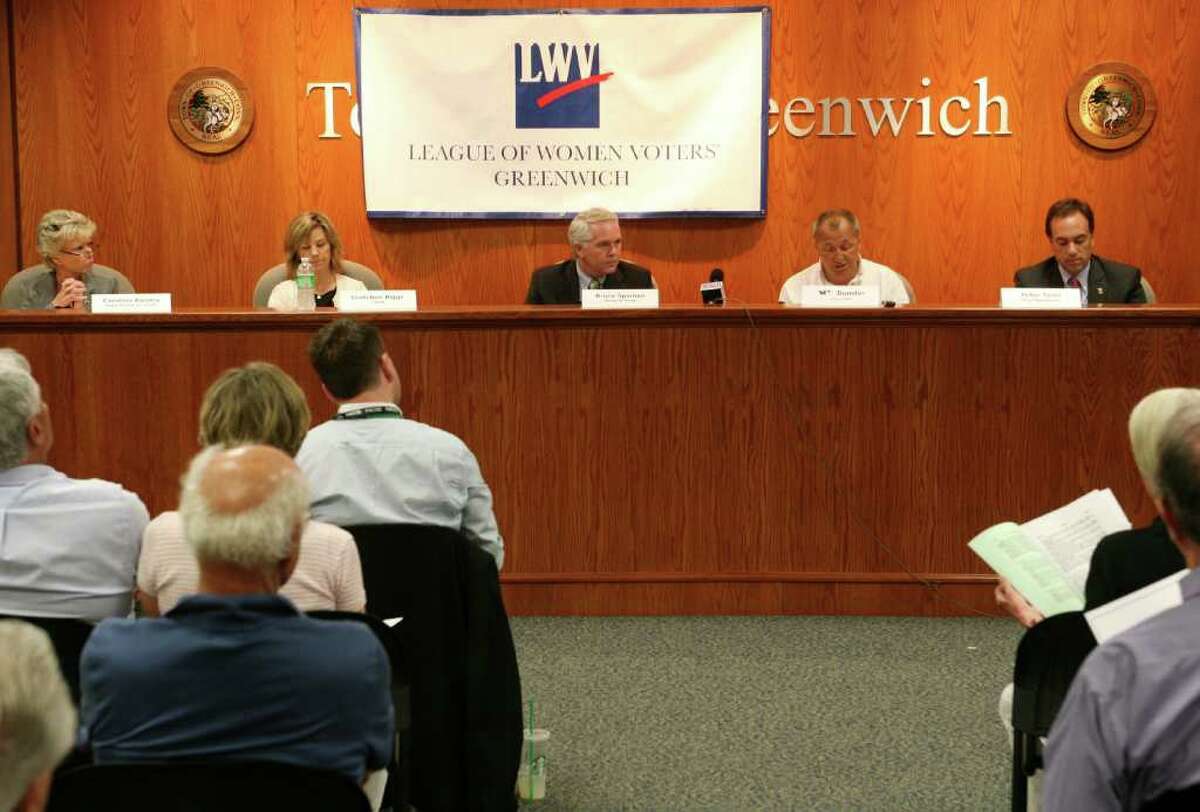 The League of Women Voters of Greenwich hosted an information session Tuesday evening, June 28, 2011, presenting perspectives on the current debate about whether to ban leaf blowers in Greenwich. The panel consisted of, from left, Caroline Baisley from the Department of Health, Gretchen Biggs CALM representative, town tree warden Bruce Spaman, local landscaper William Dunster and First Selectman Peter Tesei.