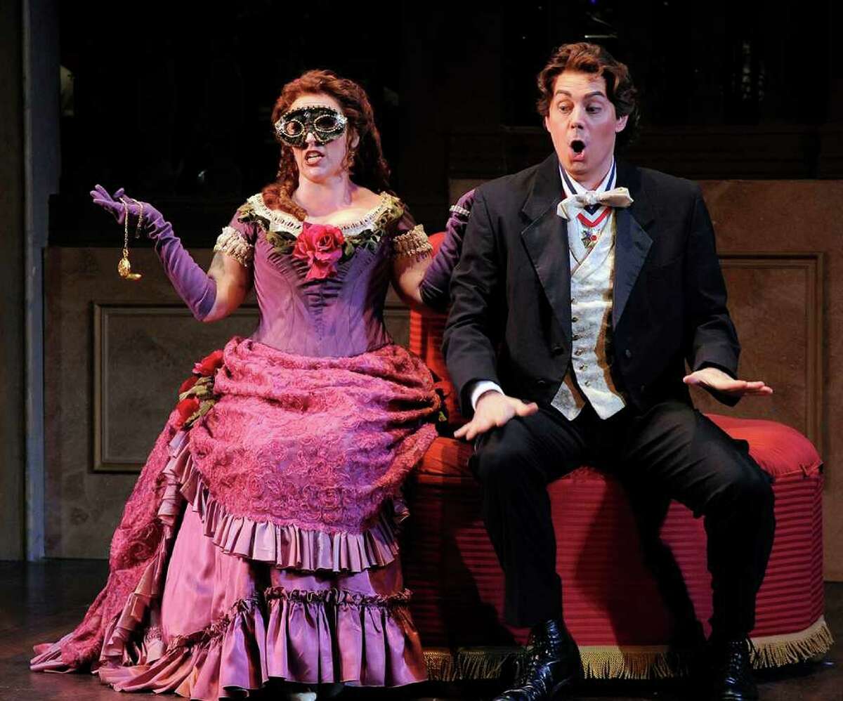 Emily Pulley as Rosalinda and Kyle Pfortmiller as Gabriel von Eisenstein in Opera Saratoga's production of Strauss' "Die Fledermaus," part of the summer 2011 season that runs from June 29 to July 10 at the Spa Little Theater in the Spa State Park in Saratoga Springs. (Gary Gold)