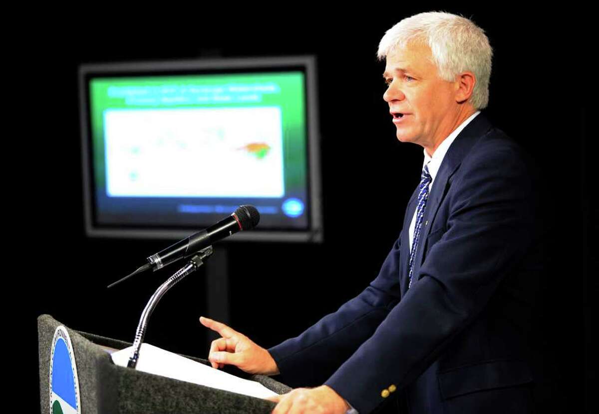 State Environmental Conservation Commissioner Joe Martens discusses his department's review of the high-volume hydraulic fracturing process used in the natural gas drilling industry at a press briefing in Albany, N.Y., on July 1, 2011. (Skip Dickstein / Times Union)