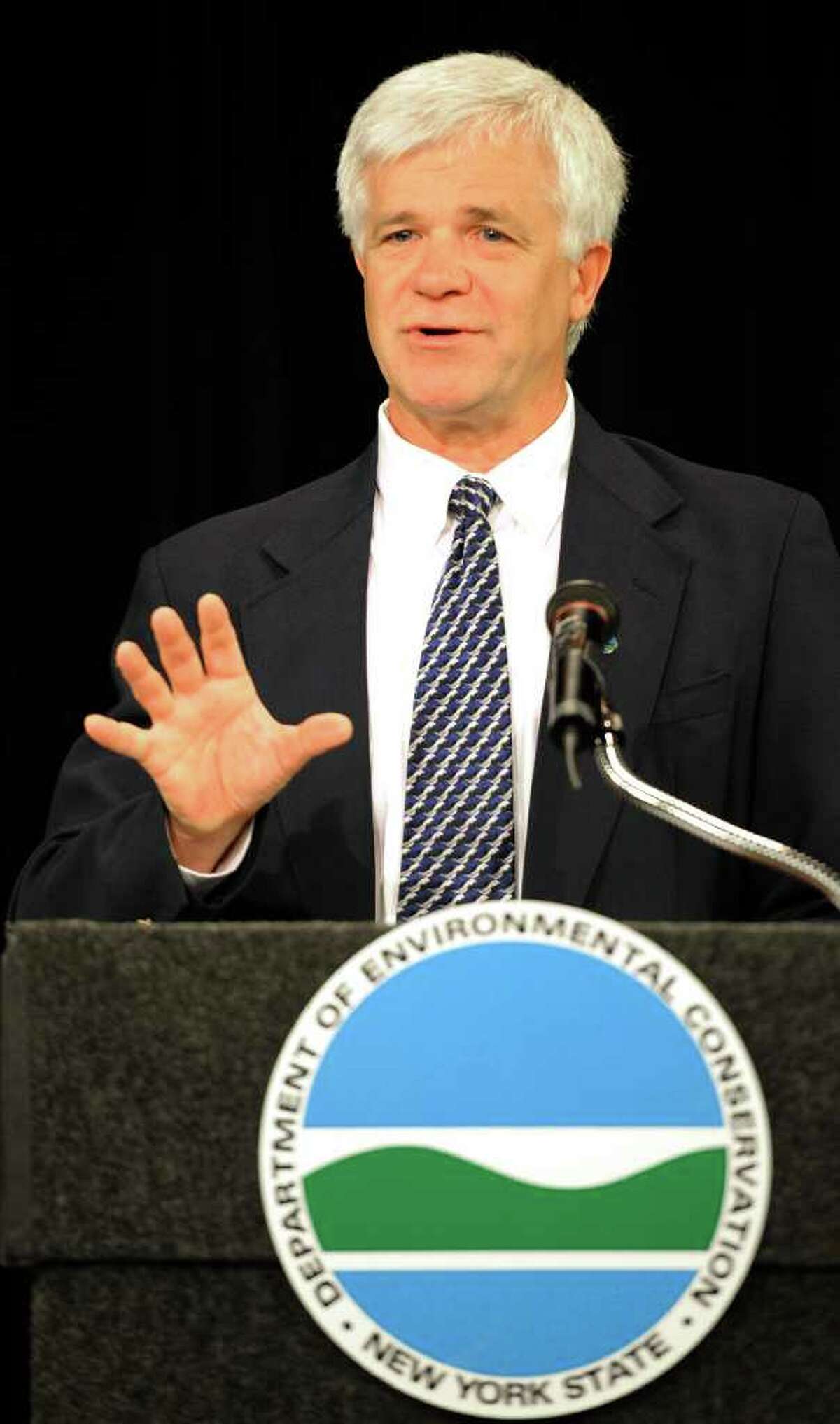 N.Y.S. Environmental Conservation Commissioner Joe Martens discusses his department's review of the High-Volume Hydraulic Fracturing process used in the natural gas drilling industry which will directly impact this state's distribution of permits for this process at a press briefing in Albany, N.Y. July 1, 2011. (Skip Dickstein / Times Union)