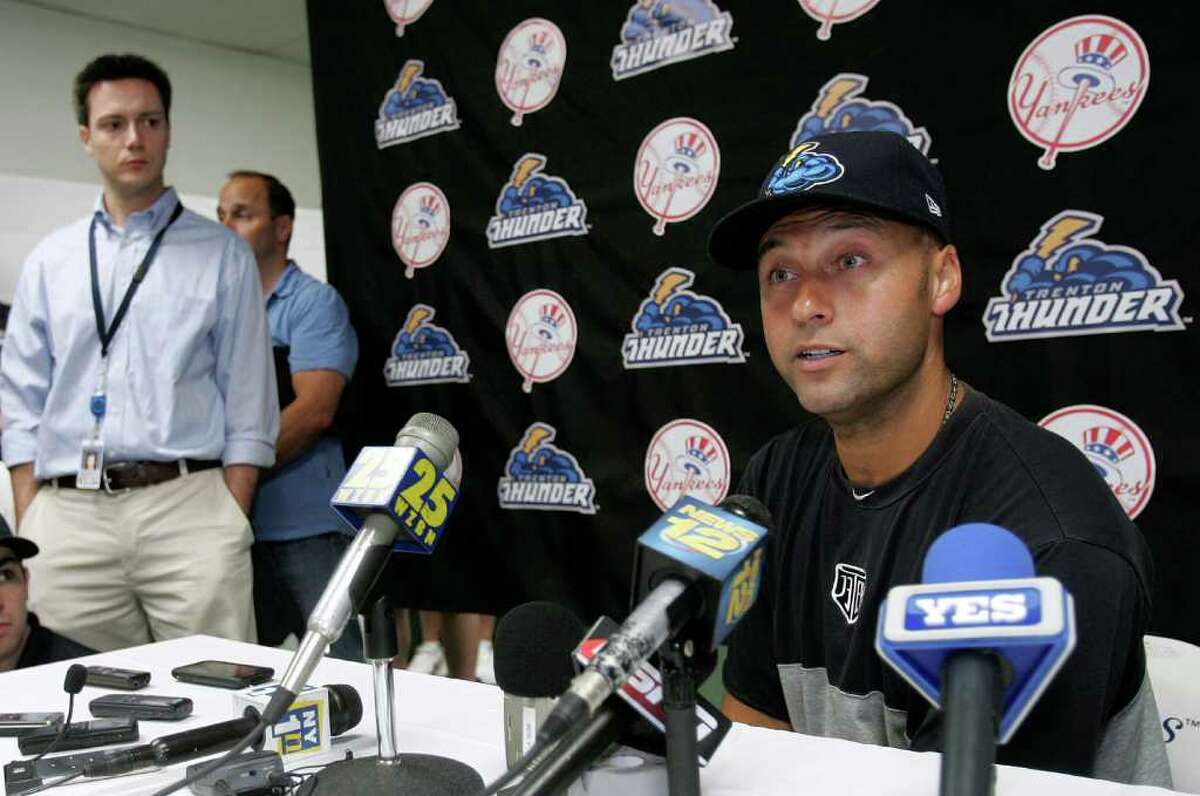 TRENTON, NJ - JULY 2: Derek Jeter of the New York Yankees gives a post-game interview after his minor league rehab start with the Trenton Thunder in a game against the Altoona Curve on July 2, 2011 at Mercer County Waterfront Park in Trenton, New Jersey. Jeter is set to rejoin the Yankees in Cleveland on Monday in his return from a calf injury. (Photo by Rich Schultz/Getty Images)