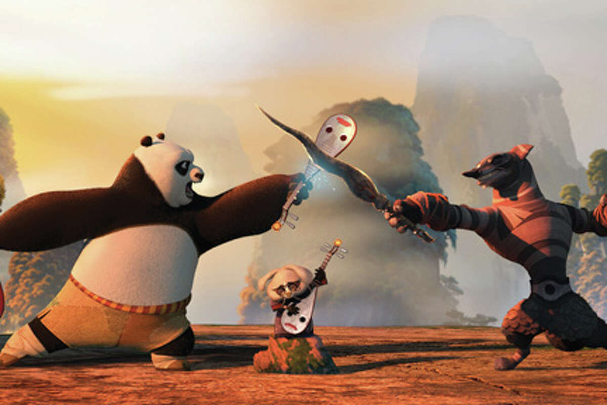 Po (left) and Wolf Boss (right) in "Kung Fu Panda 2."