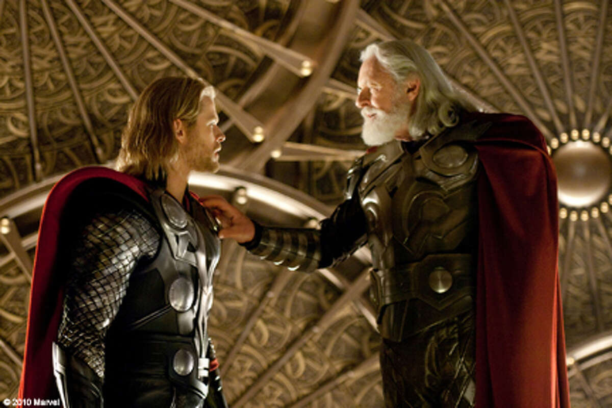 (L-R) Chris Hemsworth as Thor and Anthony Hopkins as Odin in "Thor."