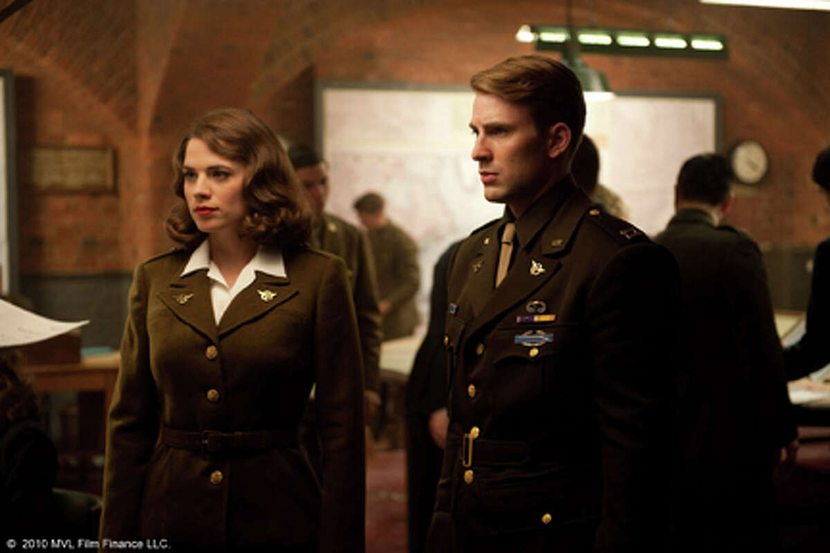 (L-R) Hayley Atwell as Peggy Carter and Chris Evans as Steve Rogers in "Captain America: The First Avenger."