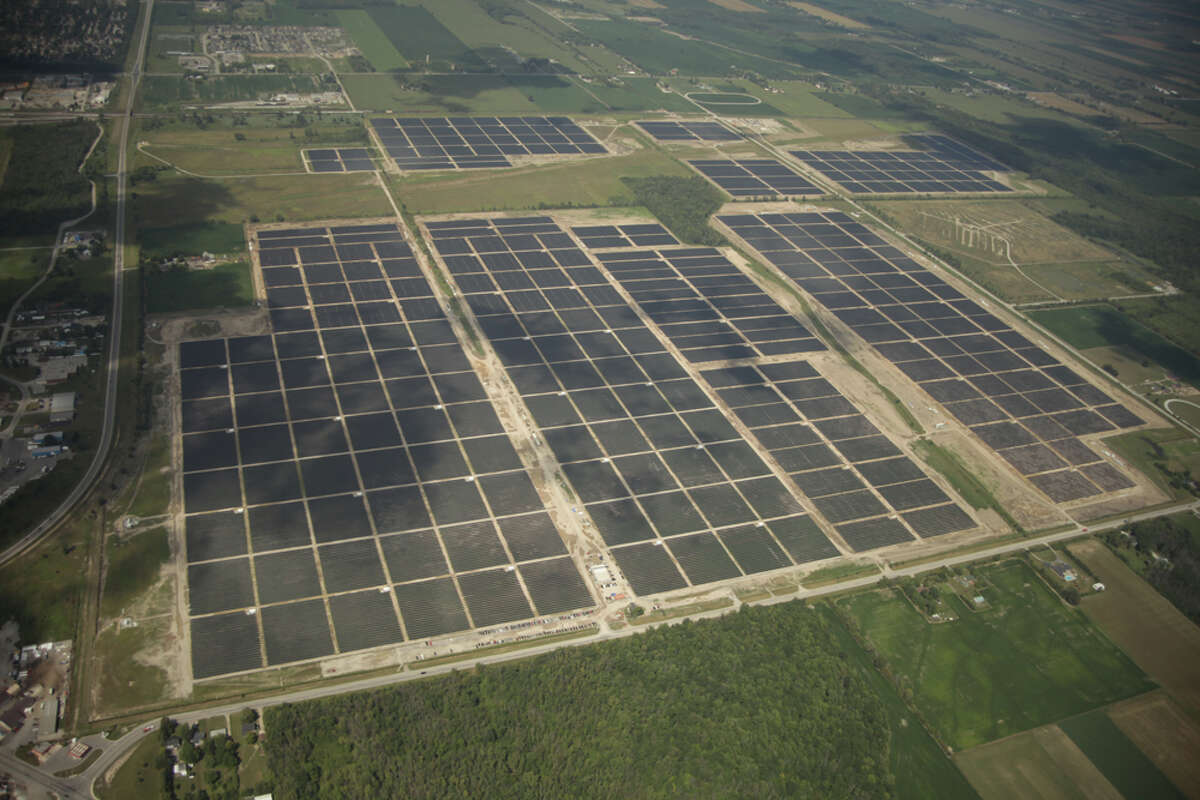 This is a view of the Sarnia Solar Project in Ontario. At 97 megawatts, it’s currently the world’s largest solar farm. CPS Energy has revised plans for its next project to make it 400 megawatts instead of the original 50-megawatt facility envisioned.