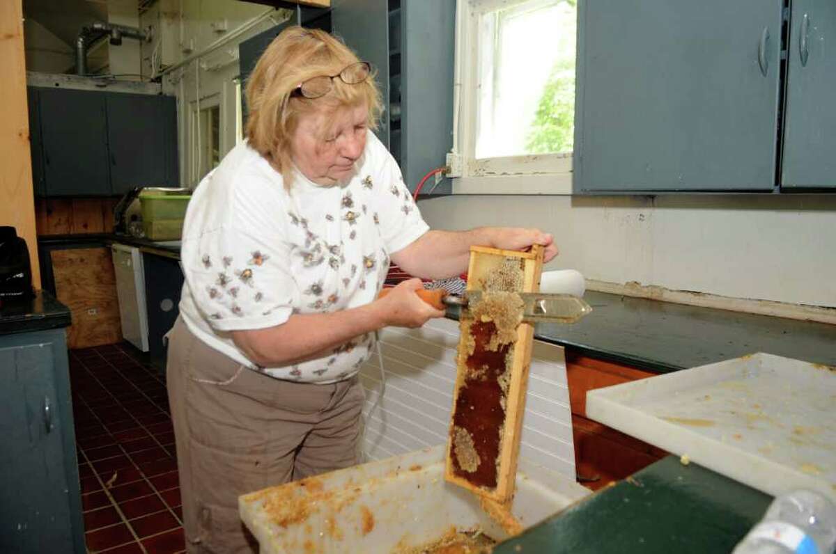 Ellen Zampino, of Riverside, a master beekeeper, and member of the Backyard Beekeepers Association, cuts wax off the comb so the honey could be extracted at Audubon Greenwich on Sunday, July 10, 2011.