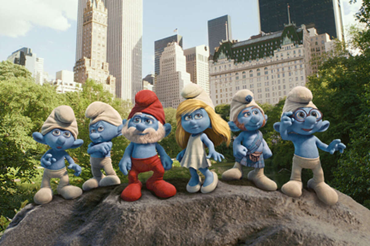 (L-R) Clumsy Smurf, Grouchy Smurf, Papa Smurf, Smurfette Smurf, Gutsy Smurf and Brainy Smurf in "The Smurfs."