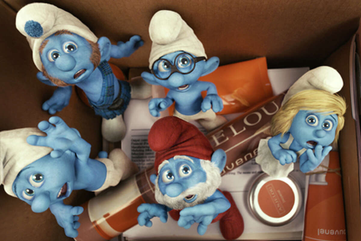 (L-R) Grouchy Smurf, Gutsy Smurf, Brainy Smurf, Papa Smurf and Smurfette Smurf in "The Smurfs."