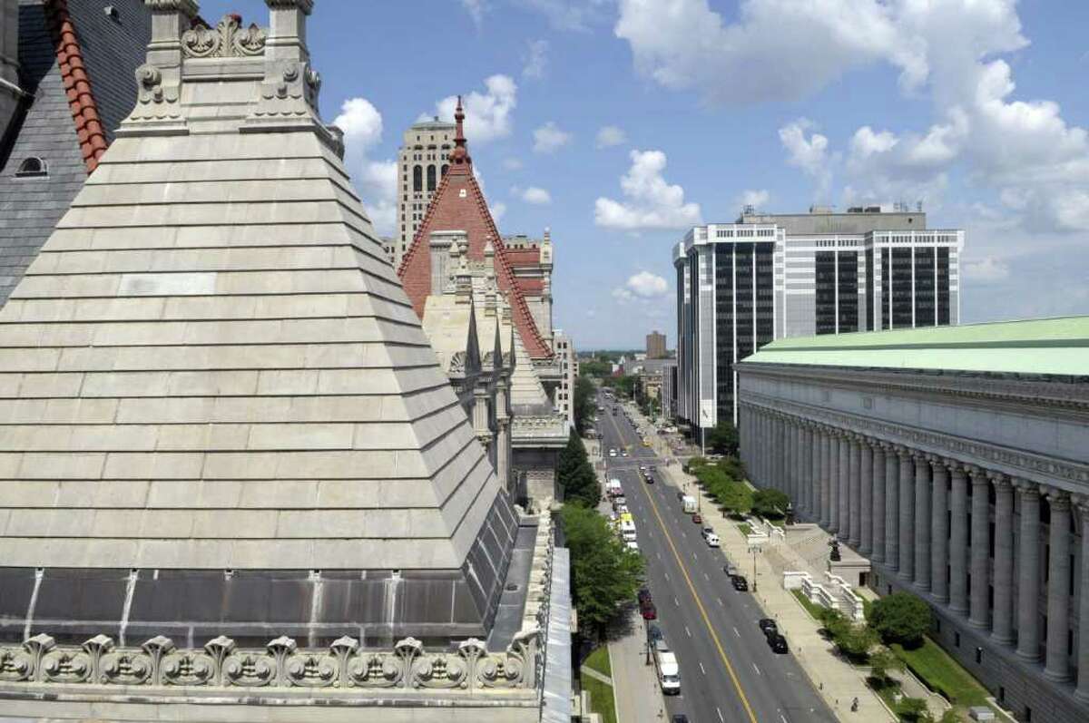 A view looking up Washington Ave. from the roof of the capitol as work continues on the Capitol restoration project on Wednesday morning, July 13, 2011 in Albany. (Paul Buckowski / Times Union)
