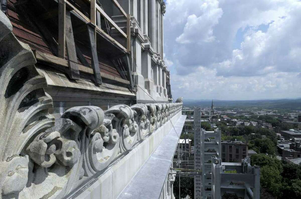 Work continues on the Capitol restoration project in this view from the roof on Wednesday morning, July 13, 2011 in Albany. (Paul Buckowski / Times Union)