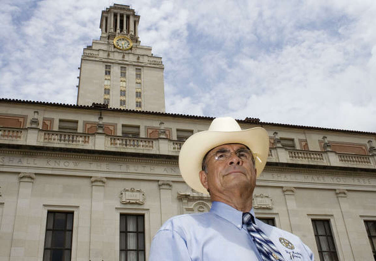 Former Austin Police Officer and Texas Ranger Ray Martinez stands in front of the University of Texas Tower in Austin. Martinez and another officer are credited with killing the UT Tower sniper.