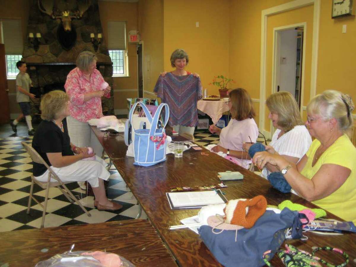 Knitters at the Rowayton Library, from L to R: Susan Frayer, Nancy Jo Rambusch, Cynthia DeMers, Judy Robson, Beryl Tomlin and Marianne Jean.