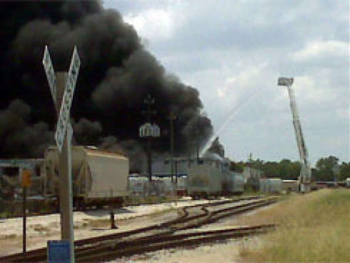 A fire burns at a plastic recycling plant near the 5700 block of Clinton and Kress in east Houston.