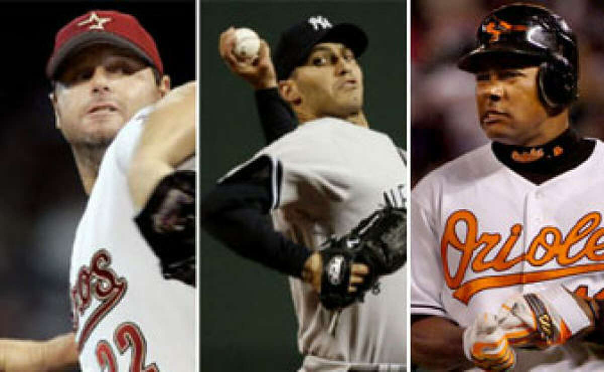 Roger Clemens, left, and Andy Pettitte, center, are ex-Astros while Miguel Tejada is currently with Houston.
