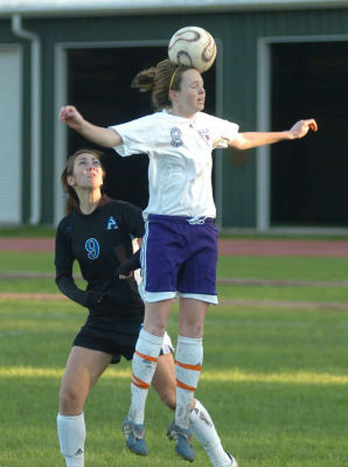 Kinkaid junior Cat Rickenbacker goes for a header in a win over Austin St. Andrew's last week. The Falcons play in the SPC Winter Championships Friday and Saturday at Episcopal High School's Simmons and Brown Fields.