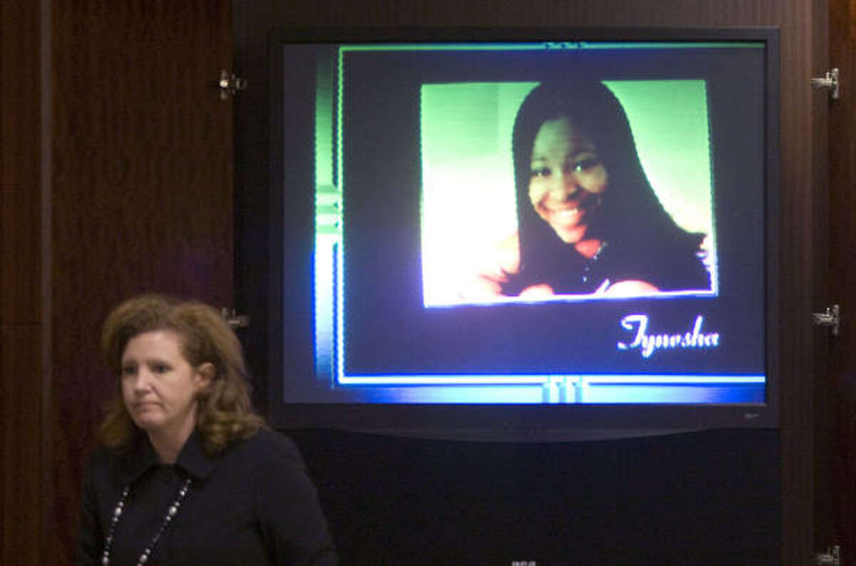An image of Tynesha Stewart is shown on a screen at the trial of Timothy Shepherd on Wednesday.