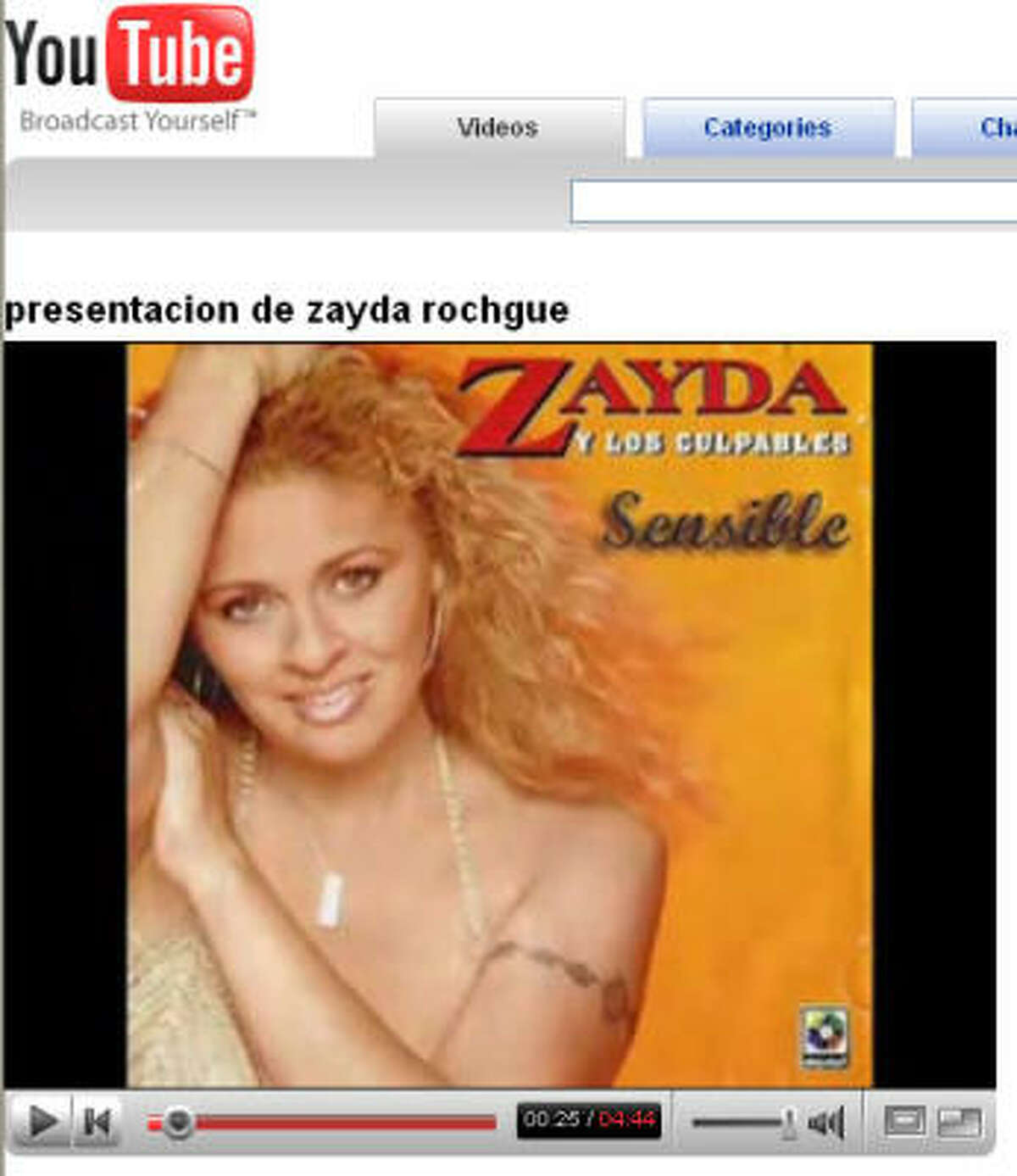 A screen grab shows one of Zayda Peña's entries on YouTube.com. She and her band can be heard on YouTube by searching for Zayda y Los Culpables.
