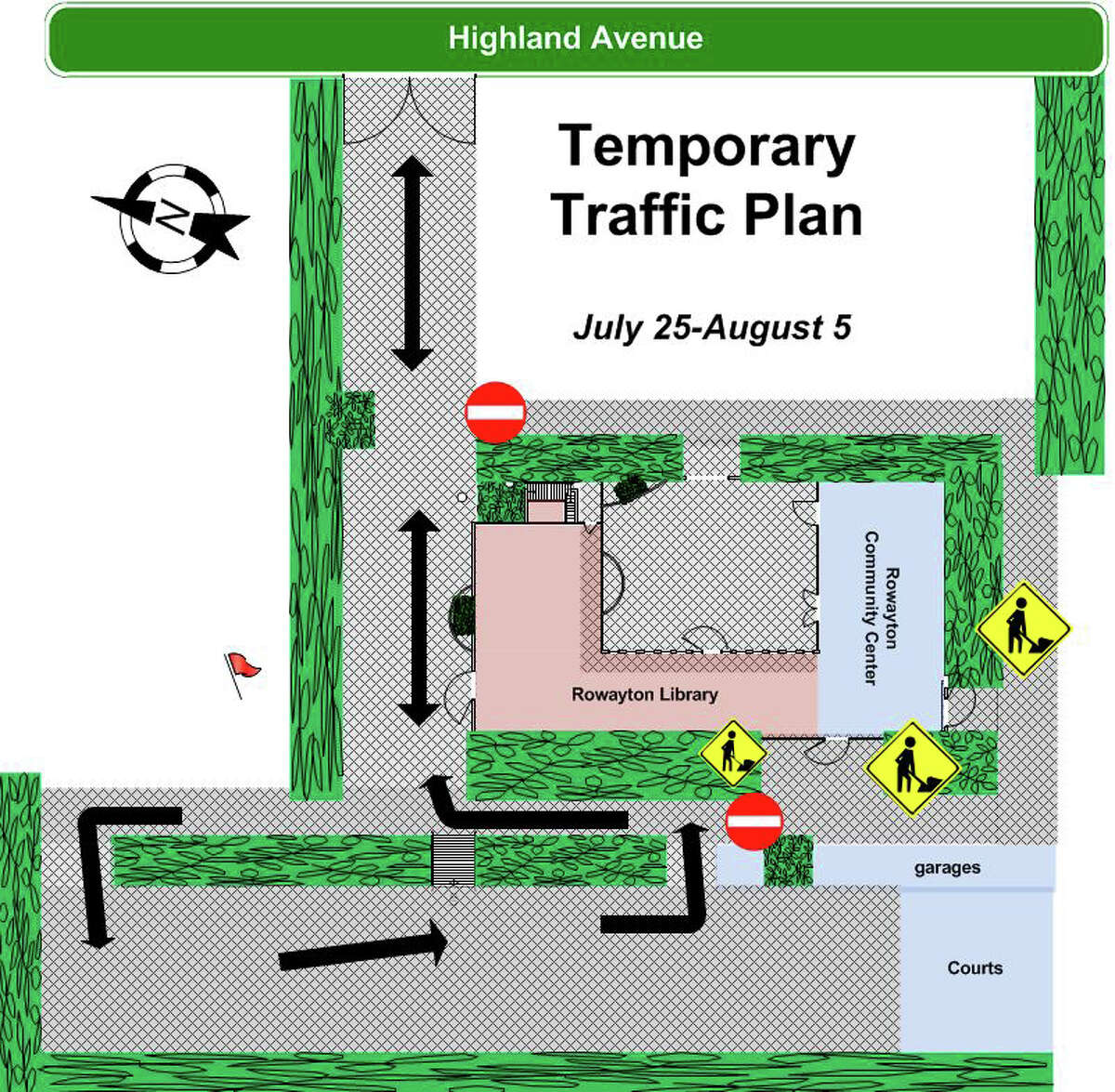 This is the temporary traffic plan for the Rowayton Community Center as its roof gets restored.