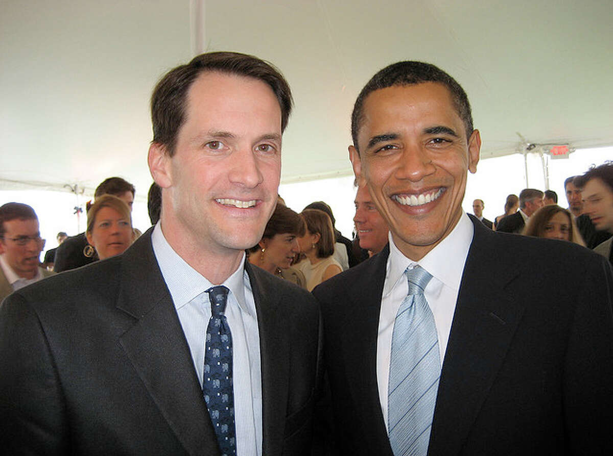 Jim Himes, left, of Greenwich, and Barack Obama at the home of Paul Tudor Jones II in Belle Haven, on May 19, 2007.