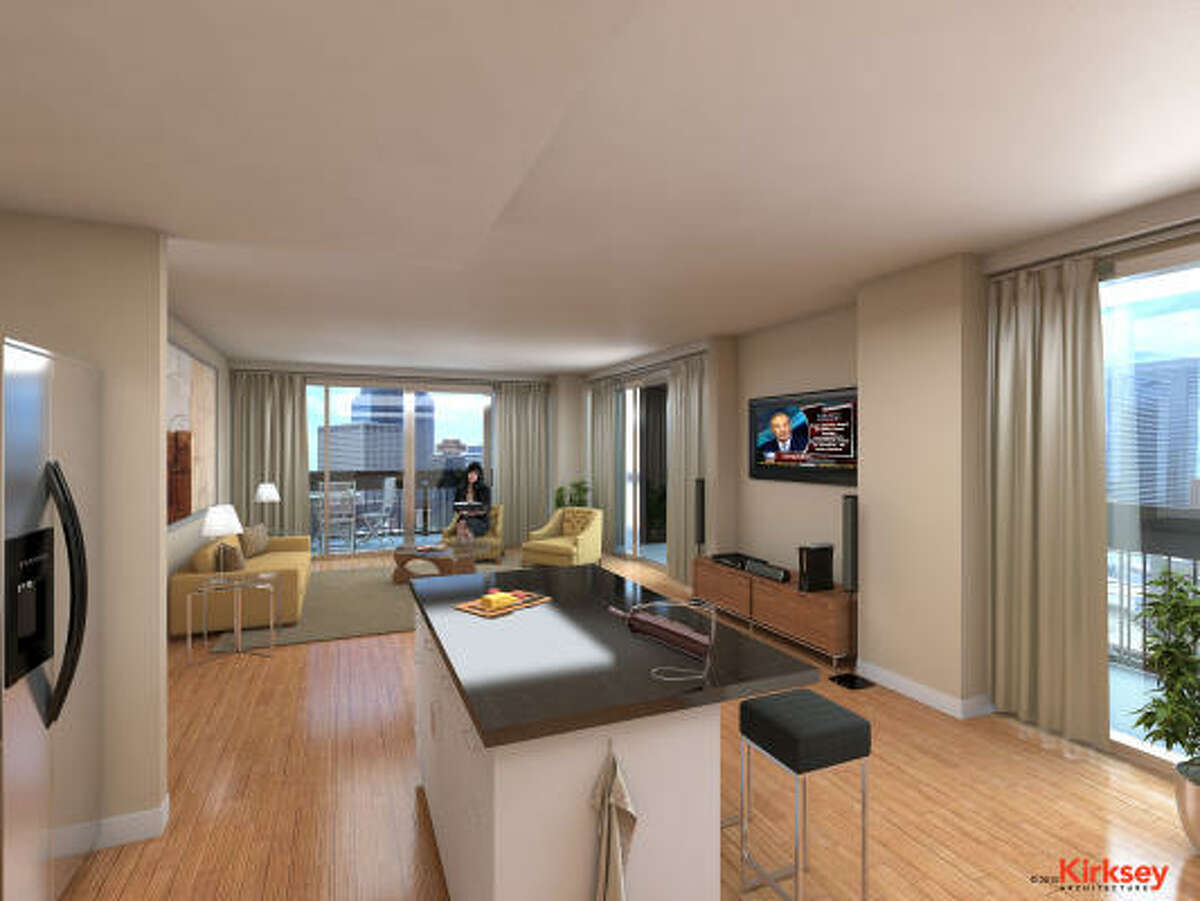 This rendering shows a remodeled Houston House unit. Carpeting is being replaced with laminate floors.