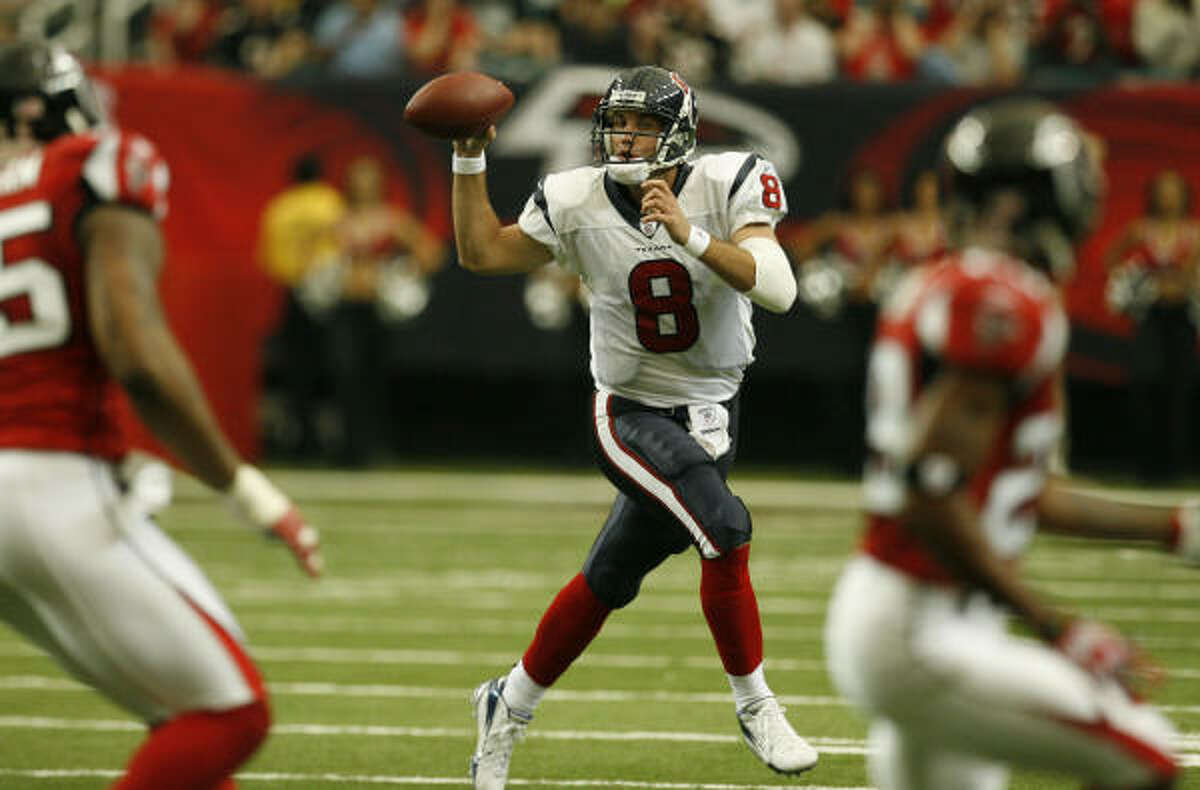Texans quarterback Matt Schaub looks to pass against the Falcons.