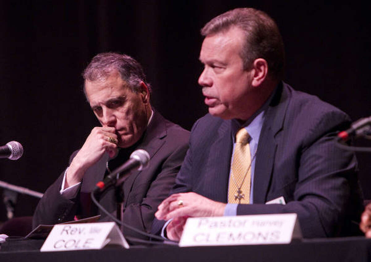 Cardinal Daniel DiNardo, left, and the Rev. Mike Cole, General Presbyter of the New Covenant Presbytery, were among the speakers calling for Texas to abolish the death penalty.