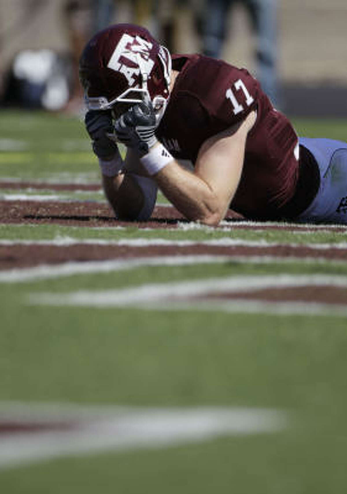 Texas A&M receiver Ryan Tannehill shows his dejection in the end zone after failing to make a catch on a deep pass from quarterback Jerrod Johnson.