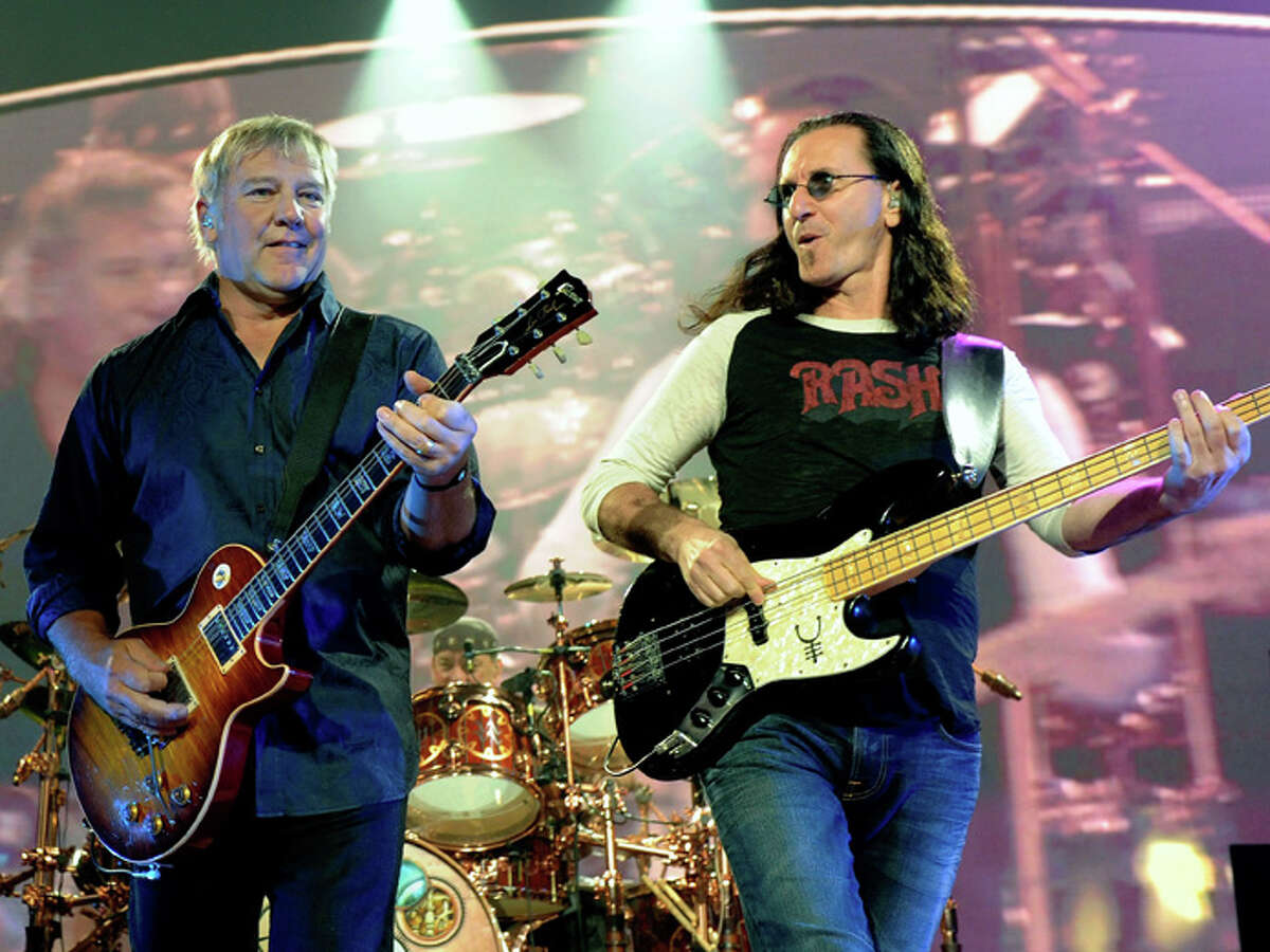 Alex Lifeson (left), Geddy Lee and Neil Peart (back) -- performs at the MGM Grand Garden Arena during a stop of the band's Time Machine Tour August 14, 2010 in Las Vegas, Nevada.