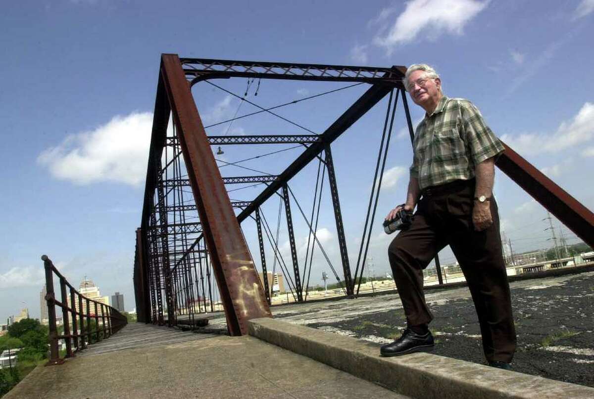 Retired structual engineer Doug Steadman stands at the Hays Street Bridge looking East in this June 2000 photo. Steadman, a member of the Hays Street Bridge Restoration Group, wrote an article called "Hays Street Bridge" recounting the bridge's history. He also helped in the bridge's renovation efforts.