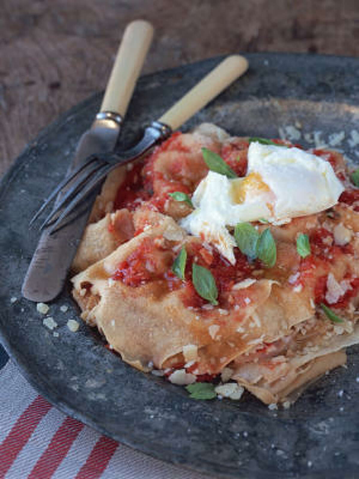 Pane Carasau With Tomato Sauce, Pecorino and Poached Eggs