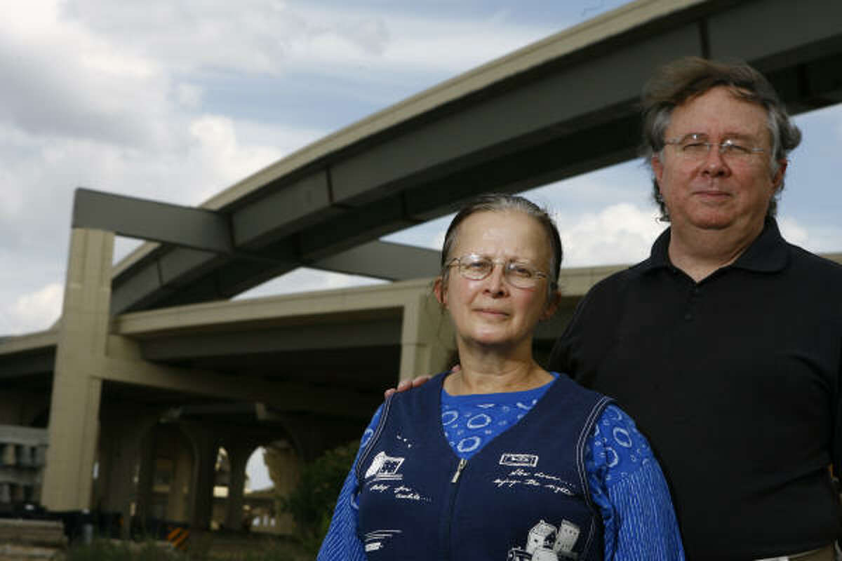Carol Caul, left, and her husband, Bill Ware, who live about 750 feet from the Loop near its Katy Freeway interchange, have sued TxDOT, contending the agency should have performed an environmental impact study and taken steps to mitigate noise produced by the new exit.