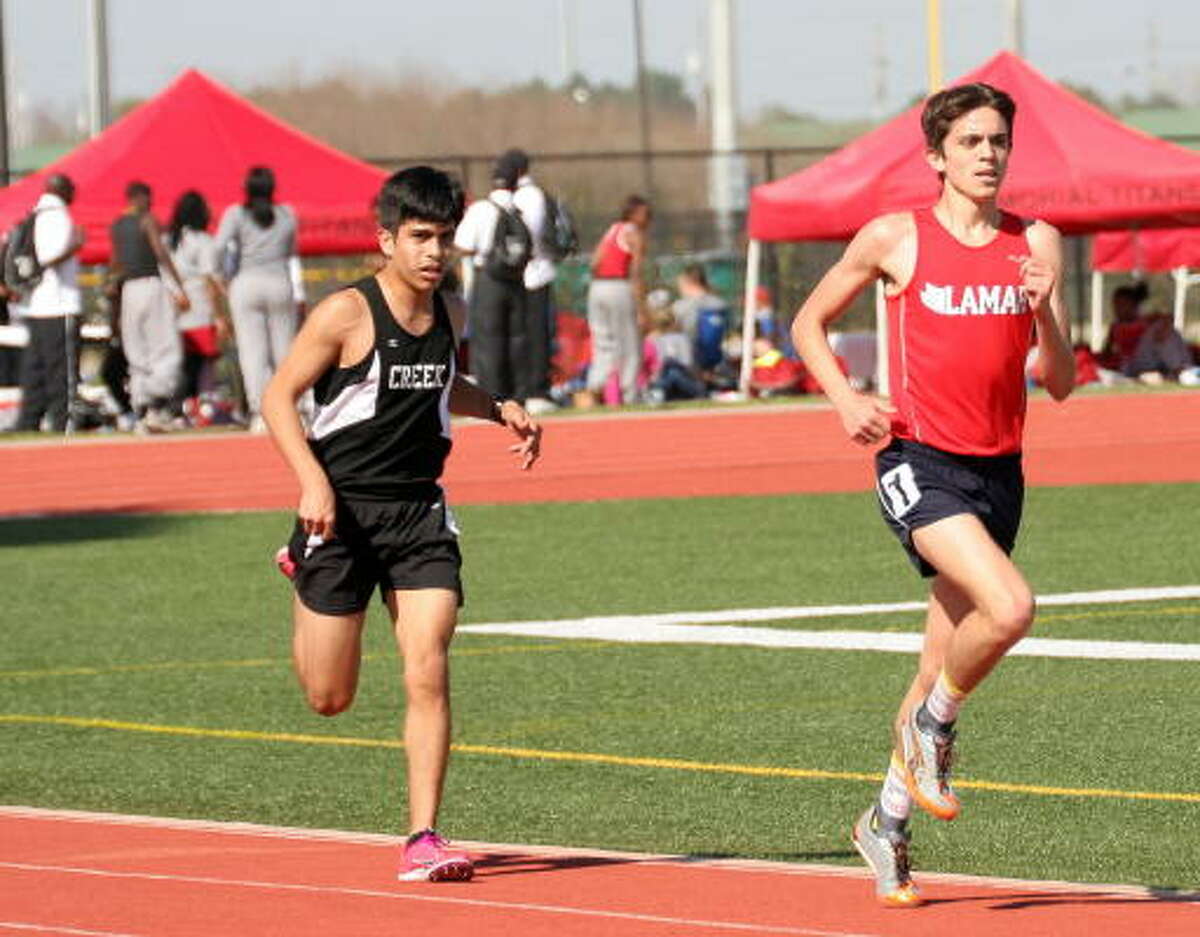 Lamar's Aron O'Conor, right, leads Clear Creek's Christian Pena home in the 3200-meter run.