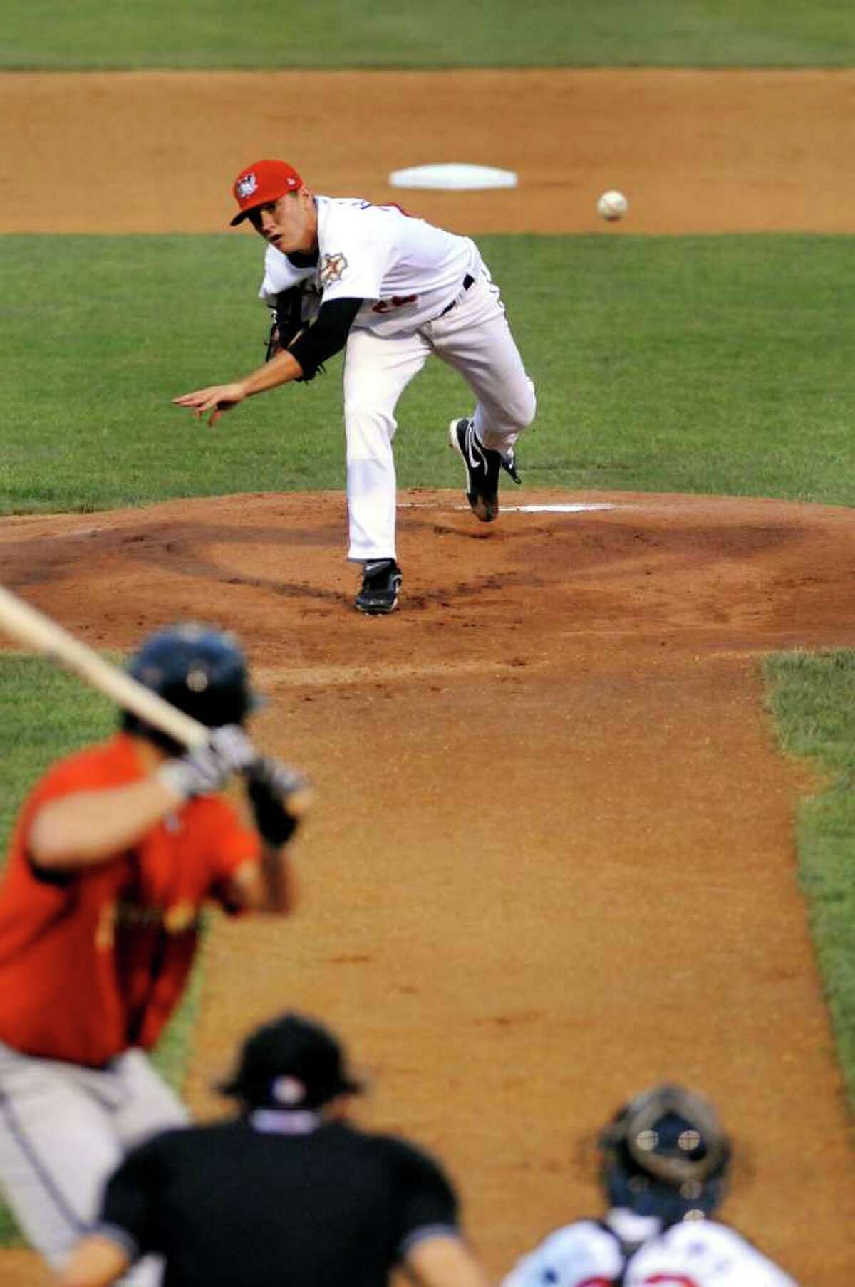 ValleyCats pitcher Kyle Hallock (24) releases a pitch during their baseball game against State College on Friday, July 29, 2011, in Troy, N.Y. (Cindy Schultz / Times Union)