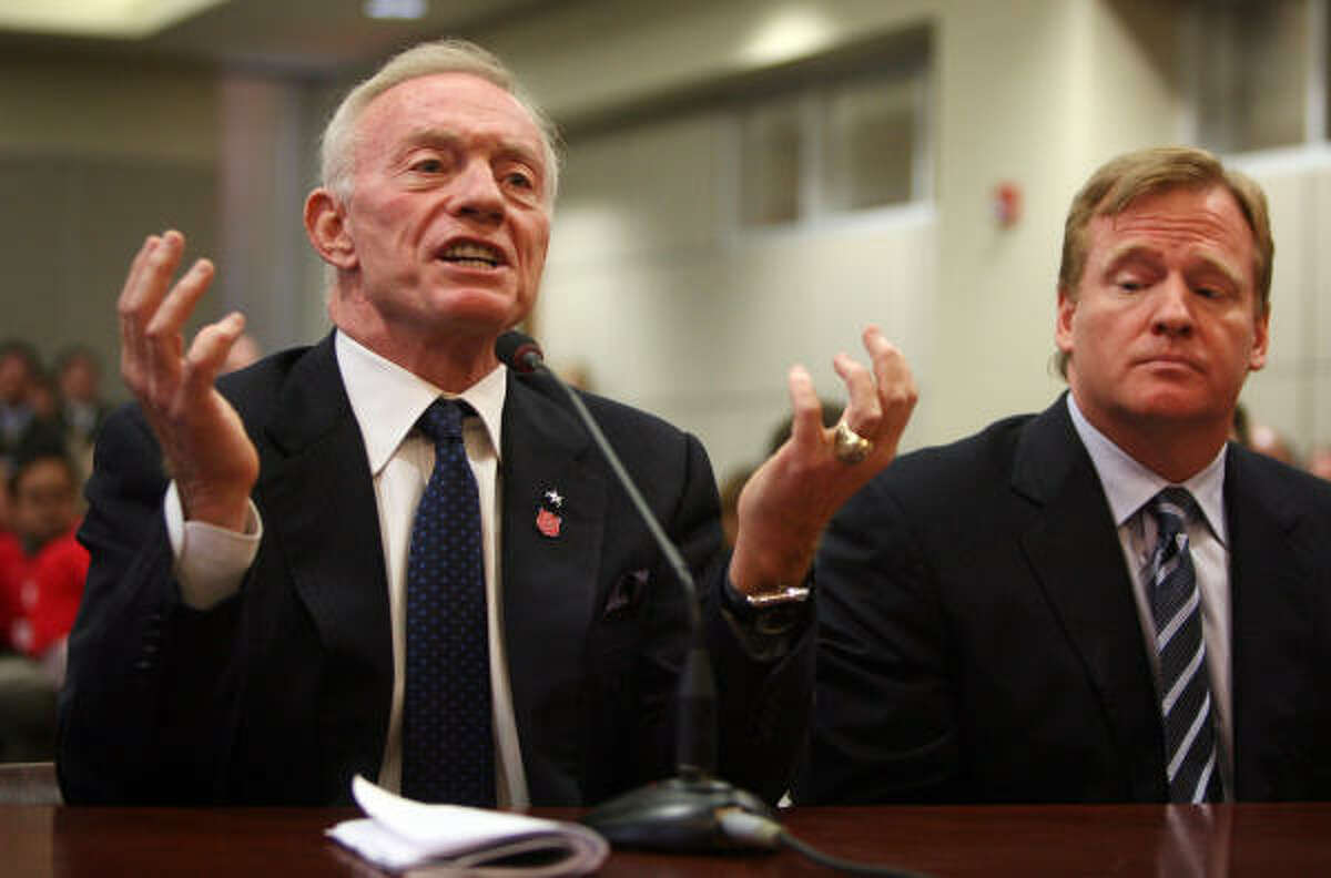 Dallas Cowboys owner Jerry Jones, left, and NFL Commissioner Roger Goodell testify Monday before the Texas House Committee on Regulated Industries about cable TV broadcasts of games.