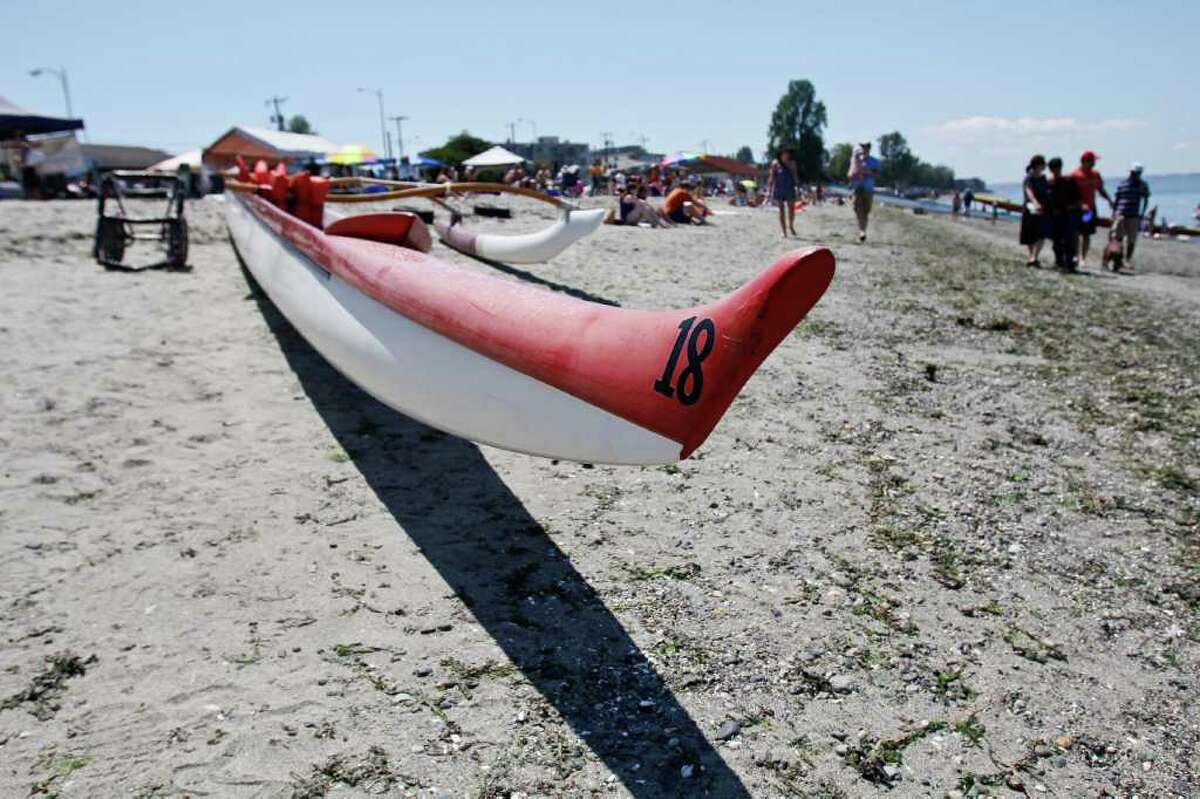 A canoe sits on Alki Beach.